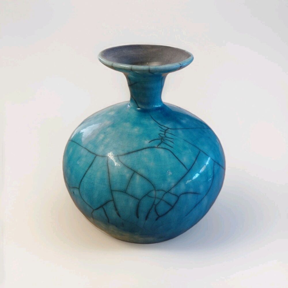 Signed Studio Pottery Vase Turquoise Crackle Glaze Handmade Ceramic Art